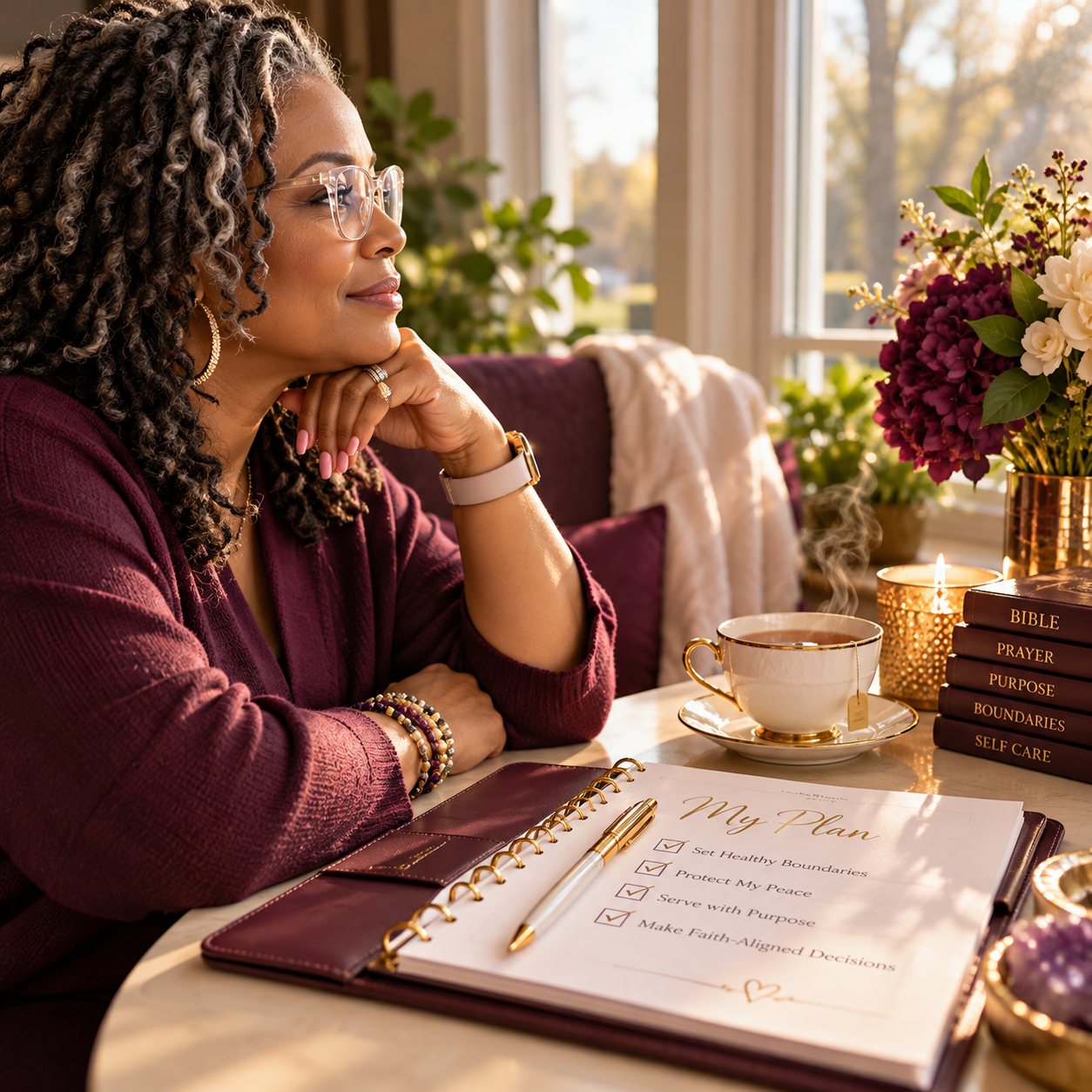 A woman rests her chin on her hand beside a tea cup and an open planner, looking out a sunlit window