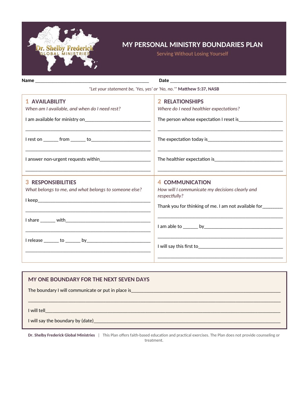 The Personal Ministry Boundaries Plan, a one-page worksheet with four areas